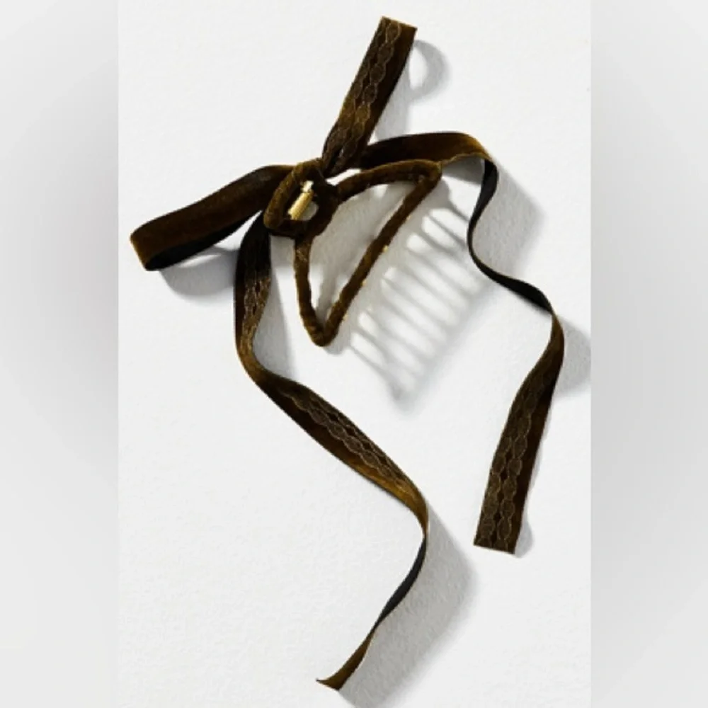 Anthropologie Set of 3 Ribbon Gold Claw Hair Clips Olive + Gray + Burgundy NWT